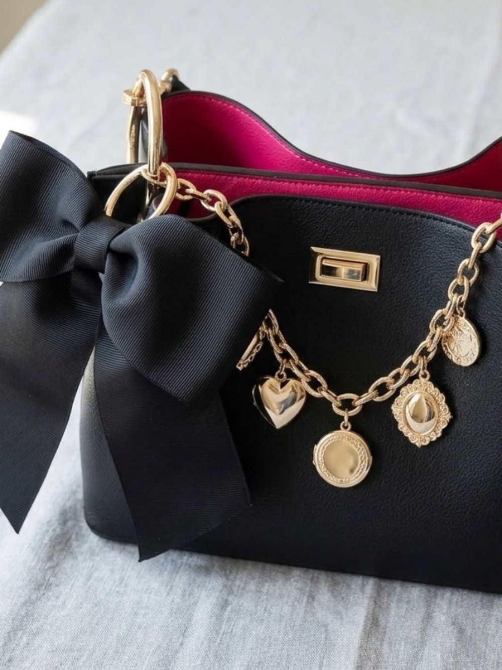 ✨ NWT Betsey Johnson "Locket Up" Bucket Bag - Black & Hot Pink 🖤💖